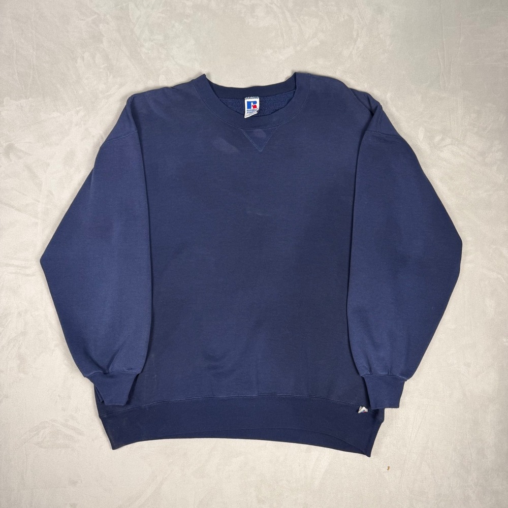 90s Mens Russell Athletic Blank Crewneck Sweatshirt Navy Blue XXL